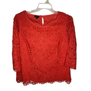 Talbots Womens 16WP Coral Orange Floral Lace Eyelet 3/4 Sleeve Lined Blouse Top